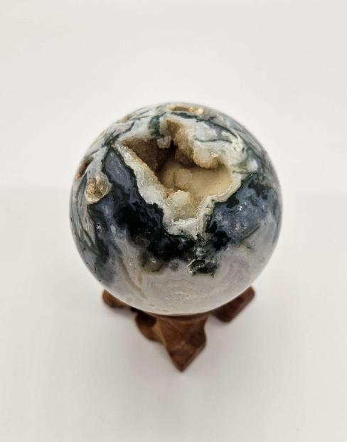 Druzy Moss Agate Sphere with Wormwood Stand