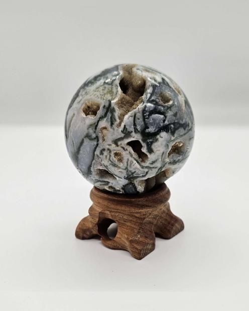 Druzy Moss Agate Sphere with Wormwood Stand